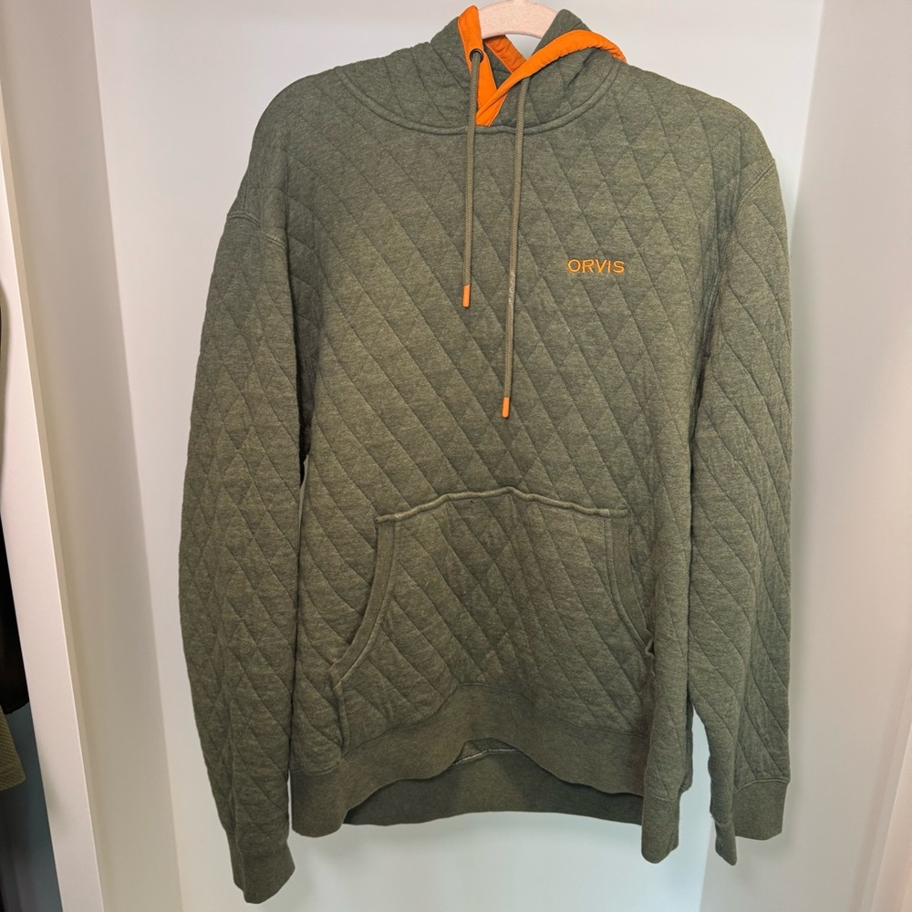 Orvis Quilted Hoodie in Olive with Bright Orange Trim
